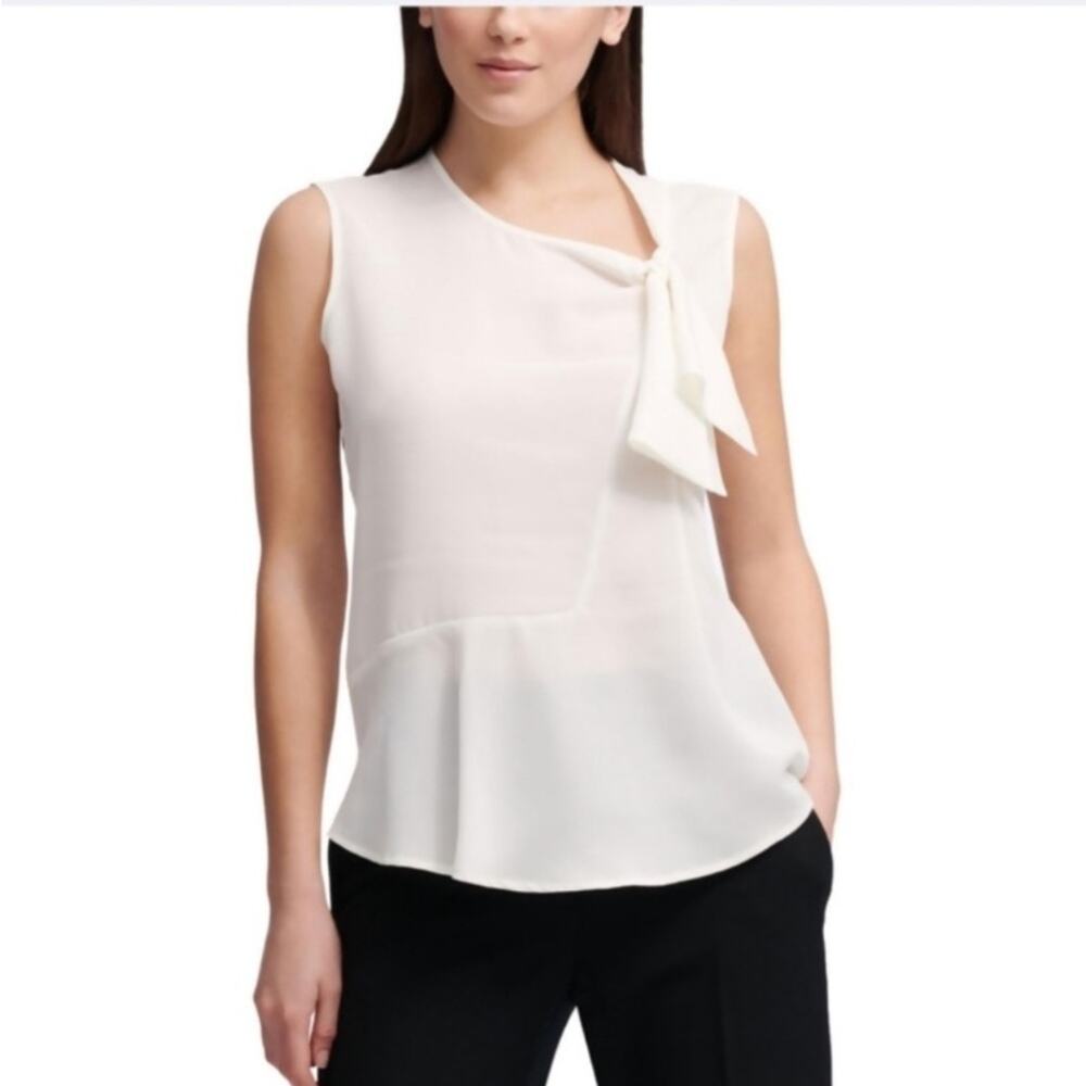 DKNY White Asymmetric Sleeveless Tie-Neck Blouse Top
